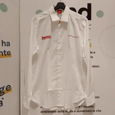 Camicia Ducati, tg XL, color bianco con stampe rosse e cucitura in rilievo della bandiera italiana
