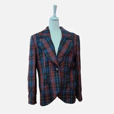 Blazer multicolor, rosso, verde, blu, giallo, con trama tartan, taglia 44, marca Luisa Spagnoli, esternamente composto a