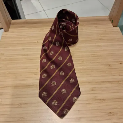 Cravatta Trussardi Action, 100% Seta, colore Bordeaux a righe diagonali con stemma in mezzo colore oro