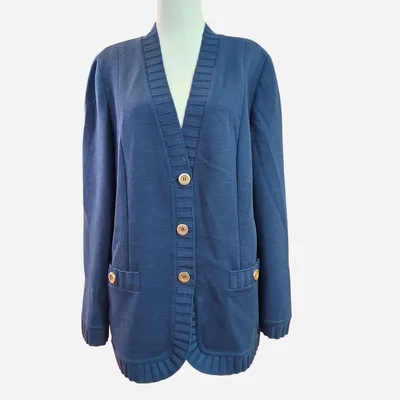 Cardigan Luisa Spagnoli, color blu navy, taglia assente, la vestibilità è una L, composto in pura lana vergine