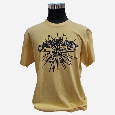 T-shirt Carhartt, tg L, color giallo con stampa del brand e disegno nero e grigio centralke