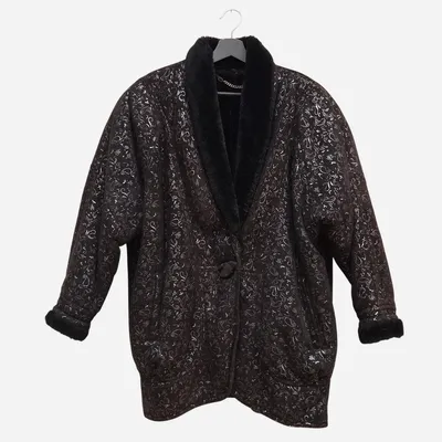 Giacca Shearling, tg L, vestibilità oversize stile vintage anni 80/90, color nero con motivo paisley color argento