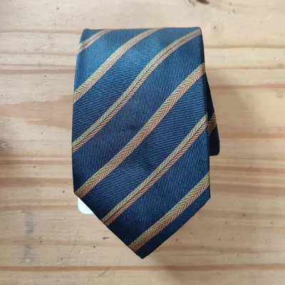 Cravatta Giorgio Armani, blu con righe gialle e arancione, la composizione è assente, ma al tatto appare seta, in buone
