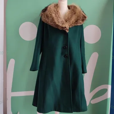 Cappotto vintage Colore Verde bosco, con pelliccia sintetica al collo, Color Beige