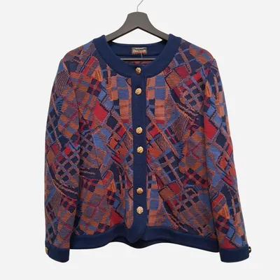 Cardigan Devernois Paris, made in France, tg M , stampa geometrica multicolor con base blu