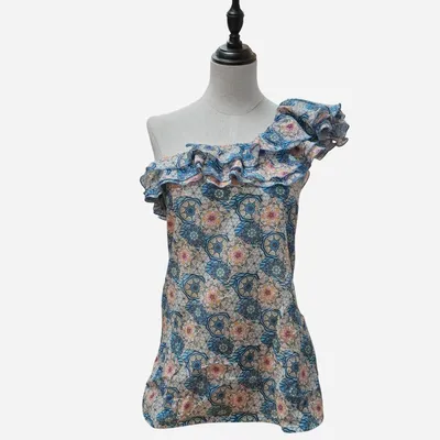 Top mono spalla Pinko, tg S, multicolor con fantasia stile maiolica sui toni del Blu, Azzurro e Rosa